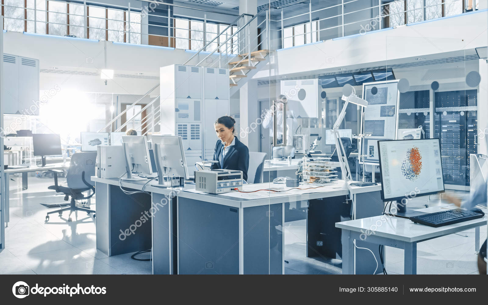 Female Chef Engineer Working on Computer, Programming Robot Arm in Bright Modern Industrial Robotics Technology and Design Office. Working in Research Facility.